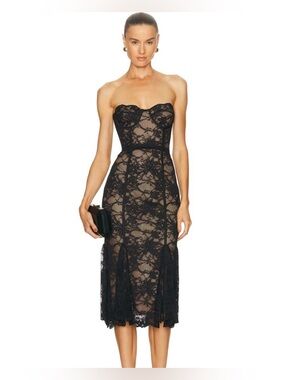 NEW LOBA Lucienne Strapless Lace Midi Dress in Black XXS